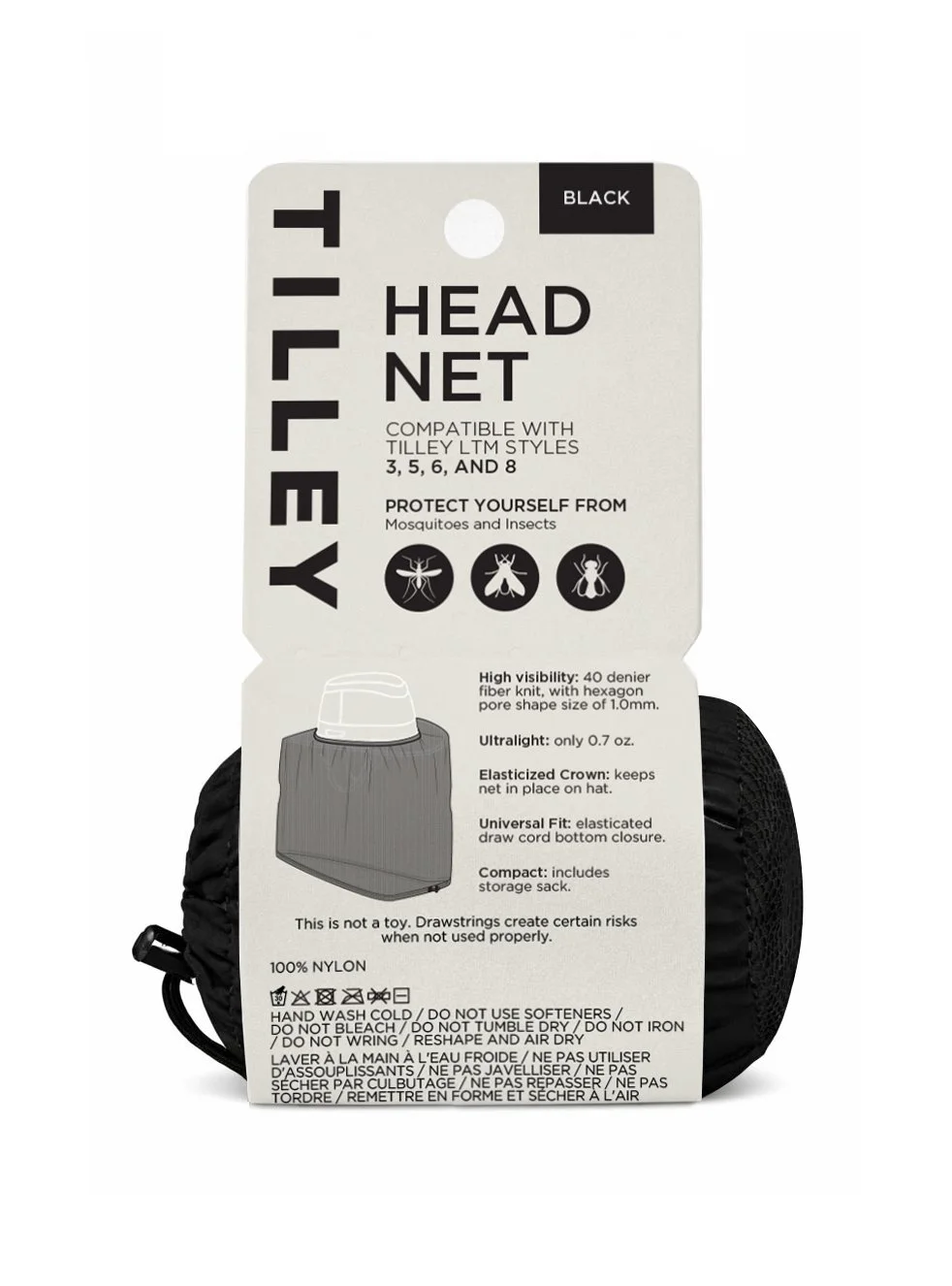 Package for a black bicycle helmet net, compatible with Tilley LTM styles 3, 5, 6, and 8, with product details and usage instructions.