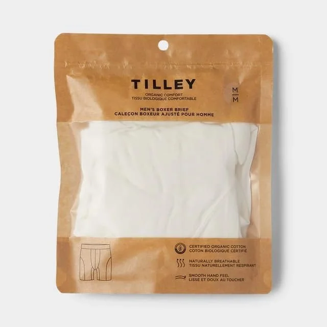 Tilley men's organic cotton boxer briefs in beige packaging with clear window, hanging from a peg
