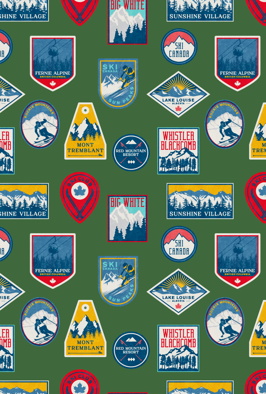 Pattern of ski resort patches and badges on a green background, featuring mountains, skiers, and resort names.
