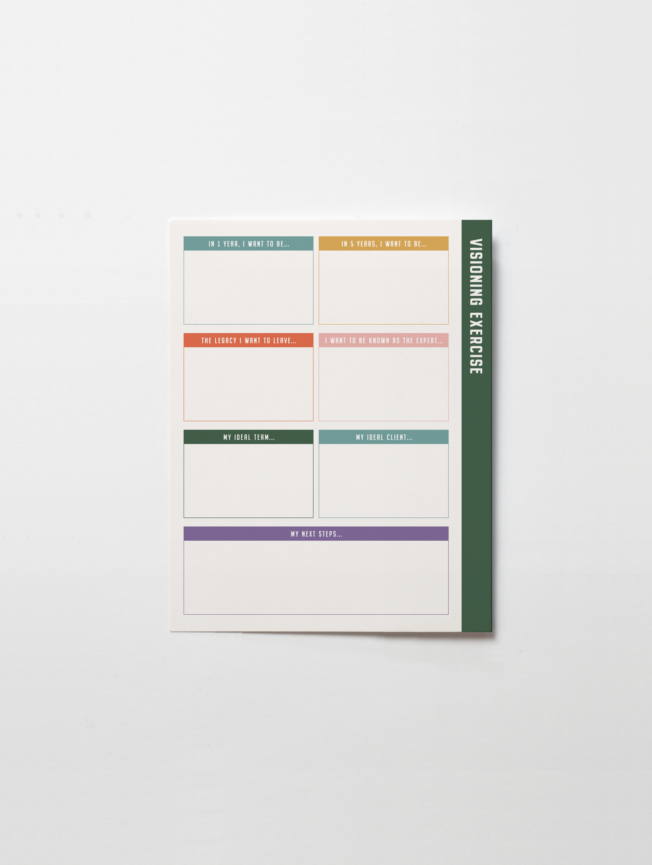 A planning worksheet with sections for goals and steps, titled 'VISION EXERCISE'.