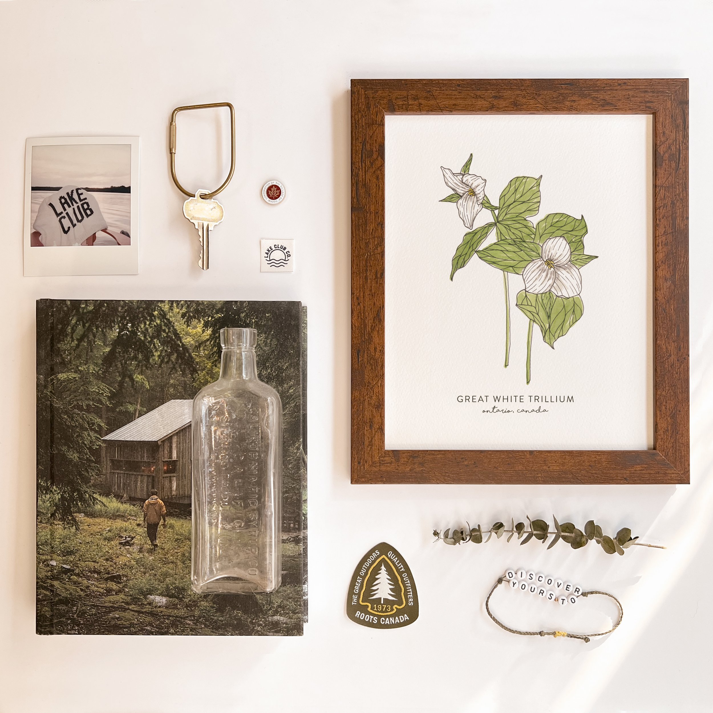 Decorative wall with photo, key, patches, framed botanical art of white trillium with green leaves, eucalyptus branch, and various stickers.