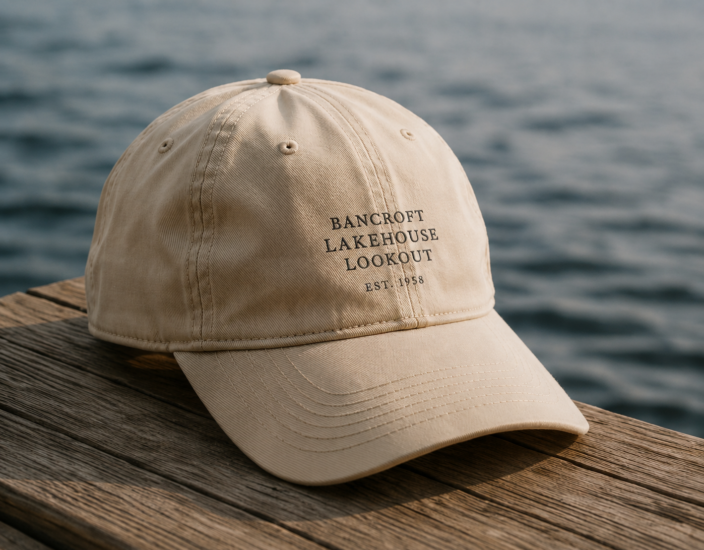Beige baseball cap with embroidered text, placed on wooden dock by water, sunny weather.