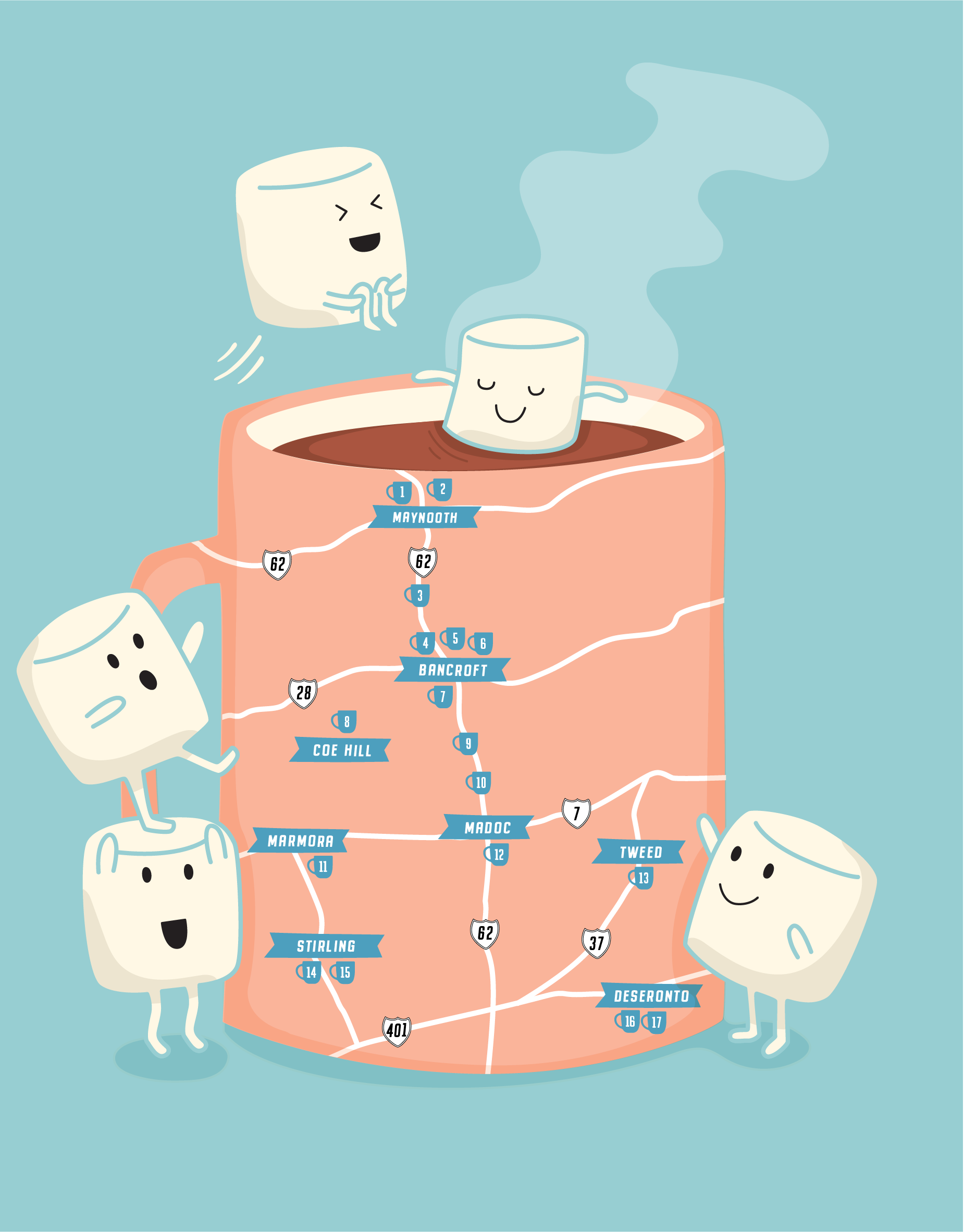 Cartoon map of a section of a highway with smiling marshmallow characters celebrating the route names like Maynooth, Bancroft, Coe Hill, Marmora, Madoc, Tweed, Stirling, and Deseronto, with Route 62 running through the area.
