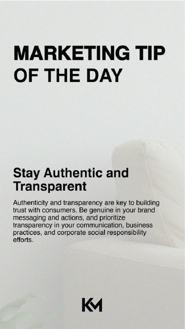 A marketing tip of the day poster emphasizing the importance of staying authentic and transparent in branding, with a white background and black text.