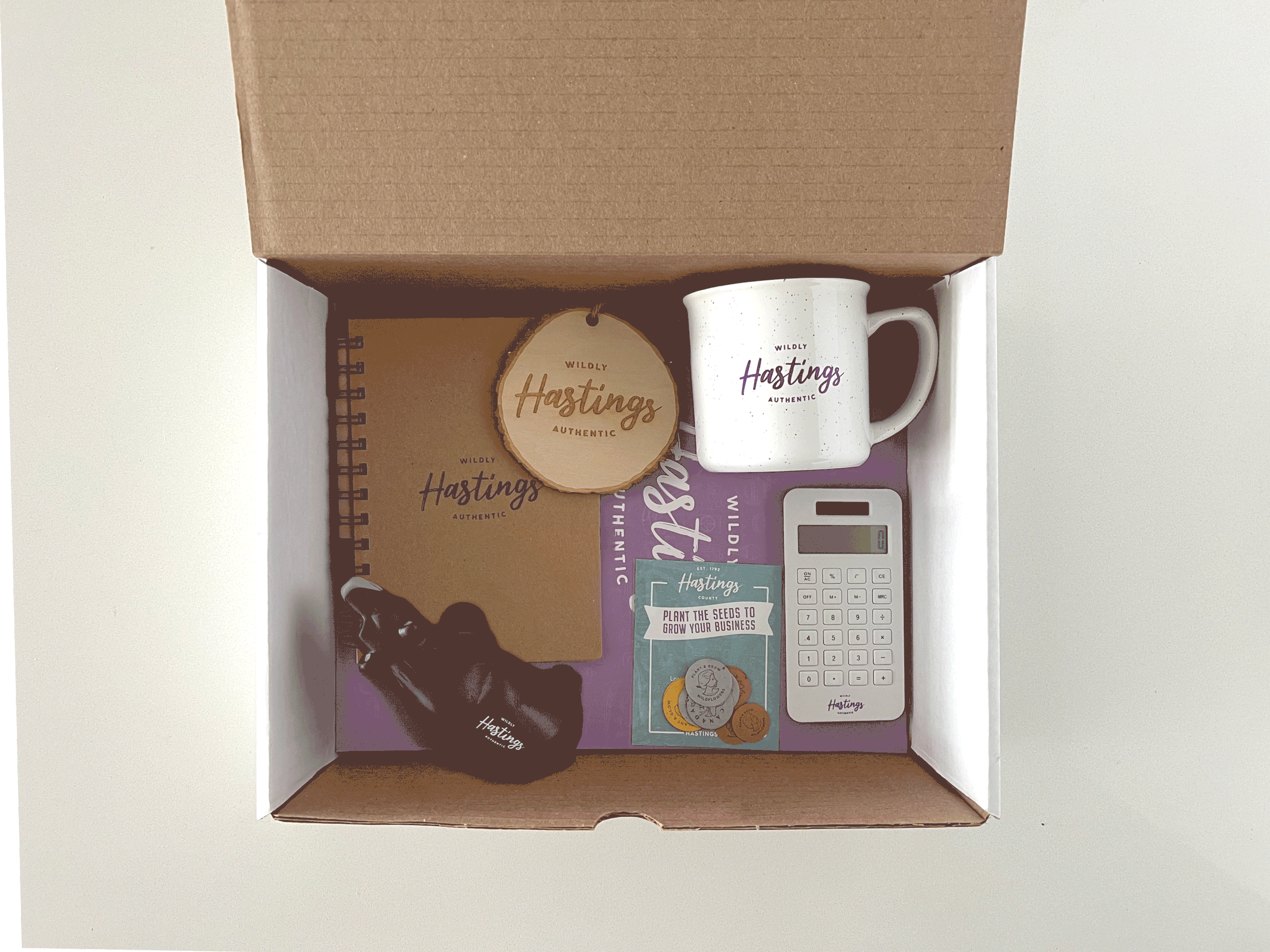 A cardboard box containing items related to Hastings, including a mug with Hastings branding, a notebook, a glass bottle, a notebook, and promotional cards and coins.