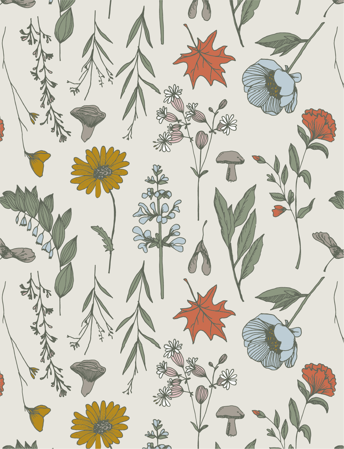 Pattern of various illustrated wildflowers and leaves, including daisies, poppies, maple leaves, and mushrooms, on a light background.