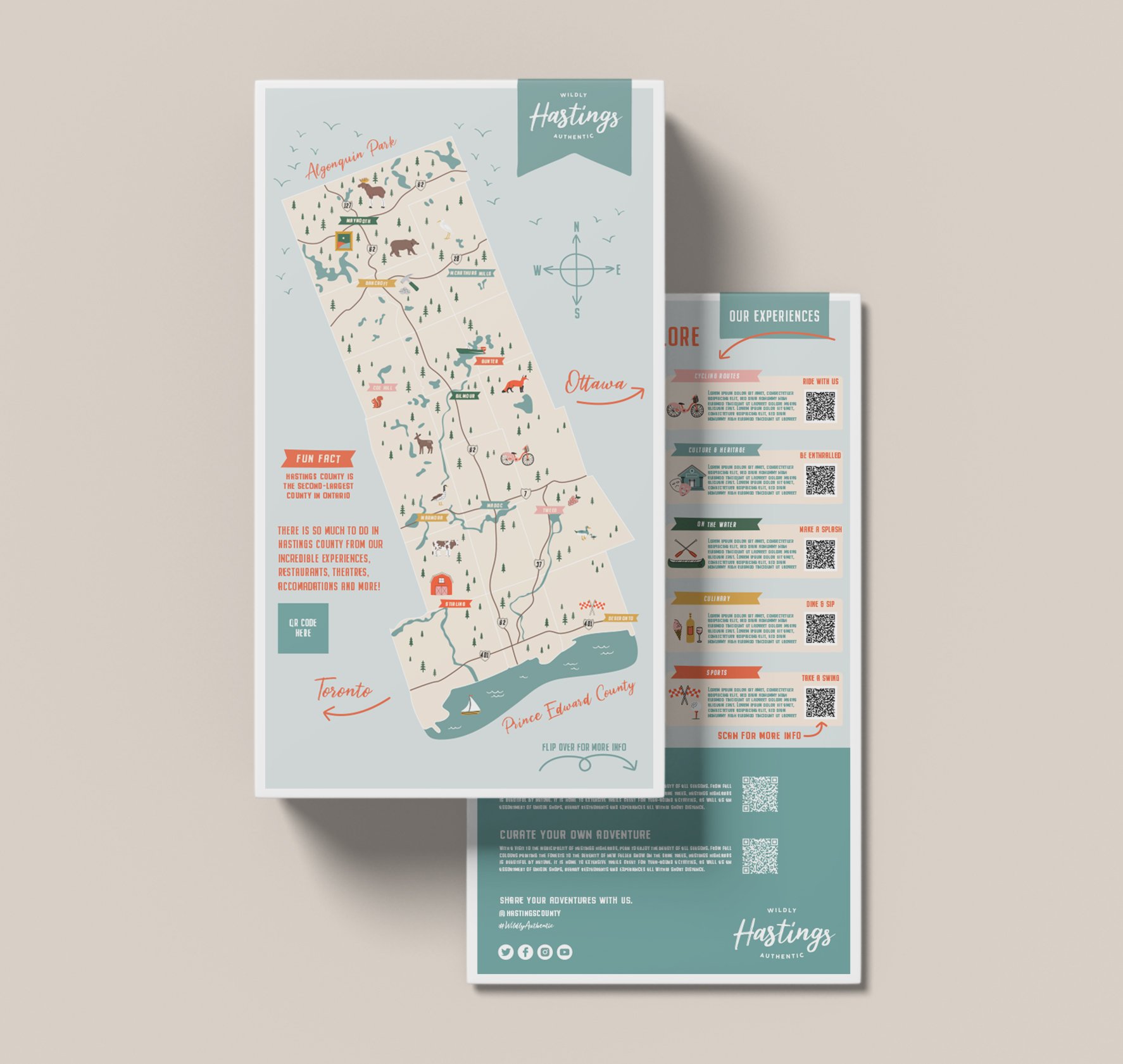 A detailed illustrated map of Ontario, Canada, highlighting Algonquin Park, Ottawa, Toronto, and Prince Edward County, with various icons depicting outdoor activities and landmarks.