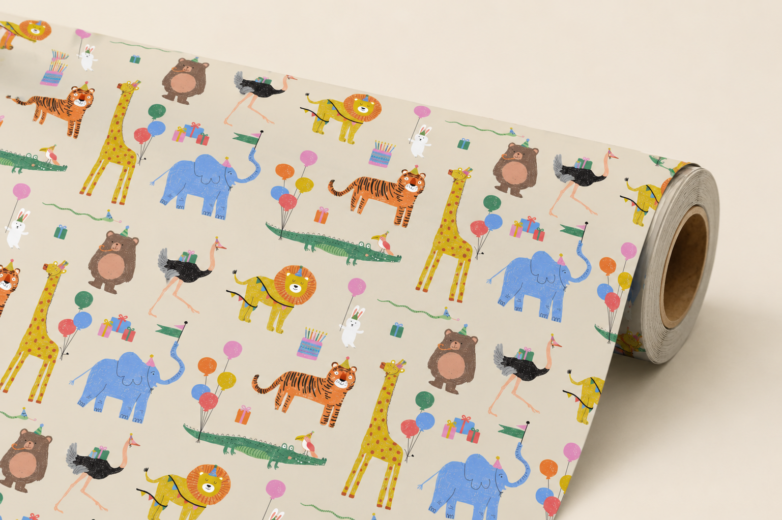 Colorful wrapping paper with illustrations of animals decorated for a birthday celebration, including lions, giraffes, elephants, bears, ostriches, crocodiles, balloons, presents, and birthday cakes.