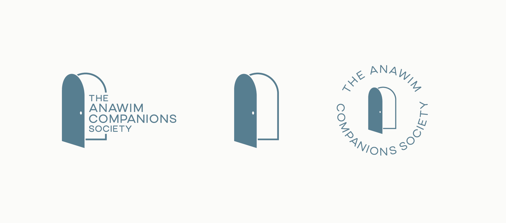 Designs of a door and text for the Anawin Companions Society logo, showcasing the logo in different layouts: one with the door next to the text, one with the door alone, and one with the door encircled by the society's name.