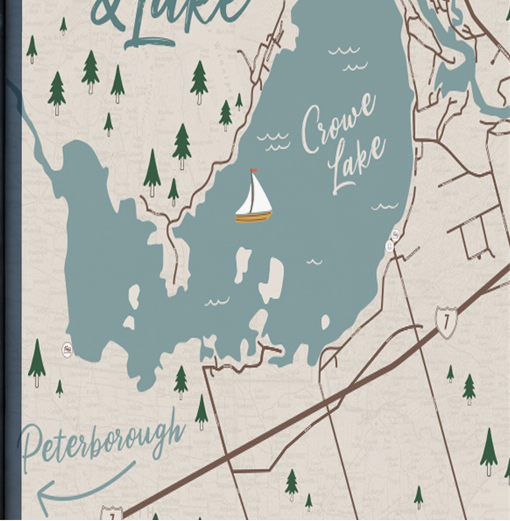 Map showing Crowe Lake with surrounding roads and Peterborough in the lower left corner, featuring a small sailboat icon on the lake and trees around the area.