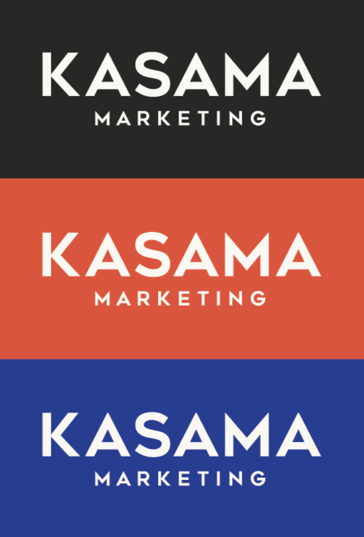 The image features three variations of a logo for Kasama Marketing with different background colors: black, red, and blue, each with white text.