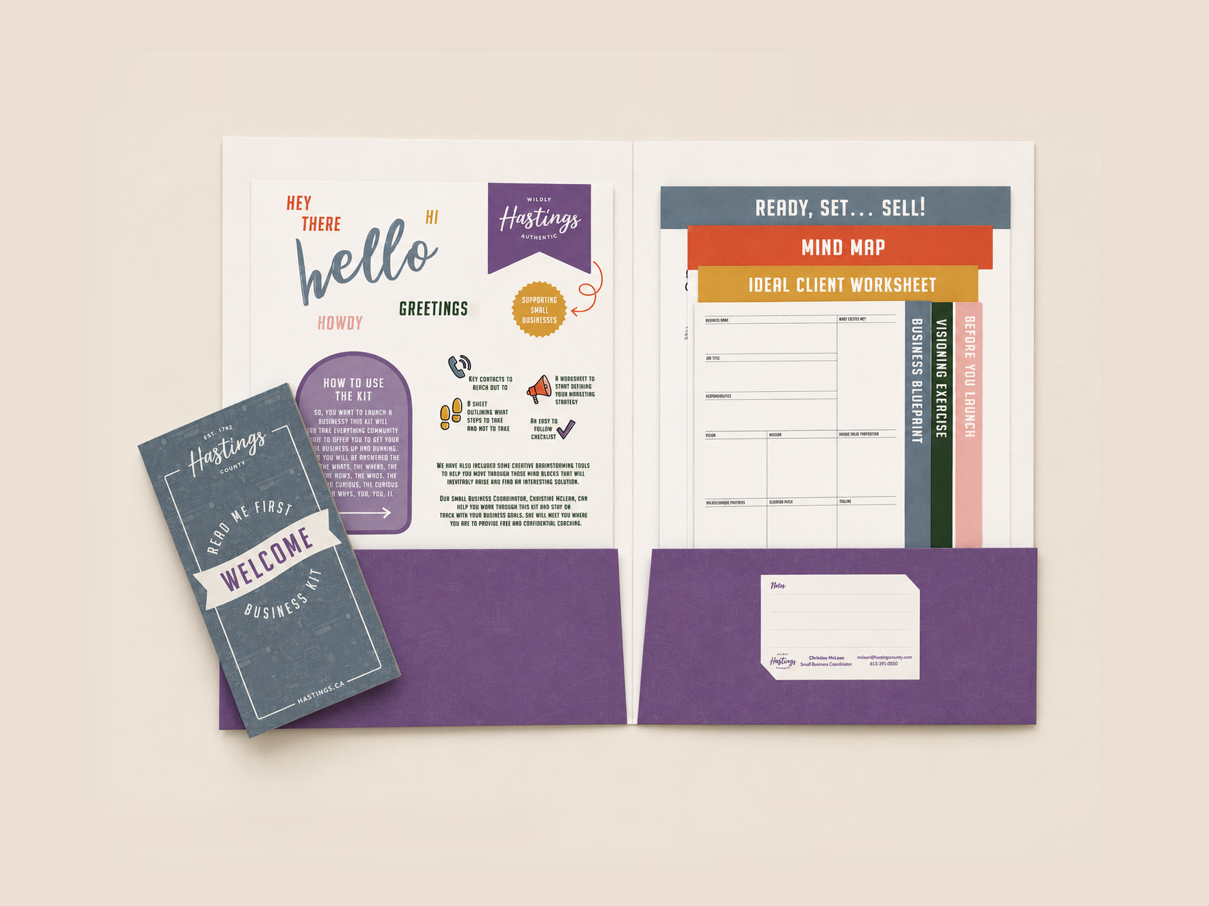 Flat lay of printed marketing materials for a small business, including a welcome brochure, information sheet, and various organized worksheets with colorful headers.