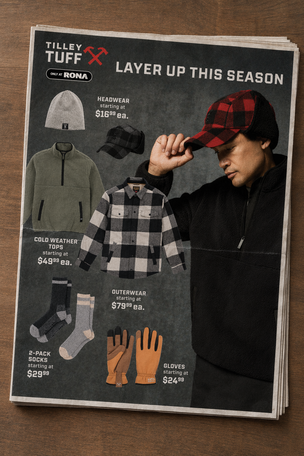 A clothing advertisement featuring winter apparel including a gray beanie, black and red plaid cap, gray fleece top, black and white plaid shirt, two pairs of socks, gloves, and a man wearing a black and red plaid cap and a black fleece jacket.