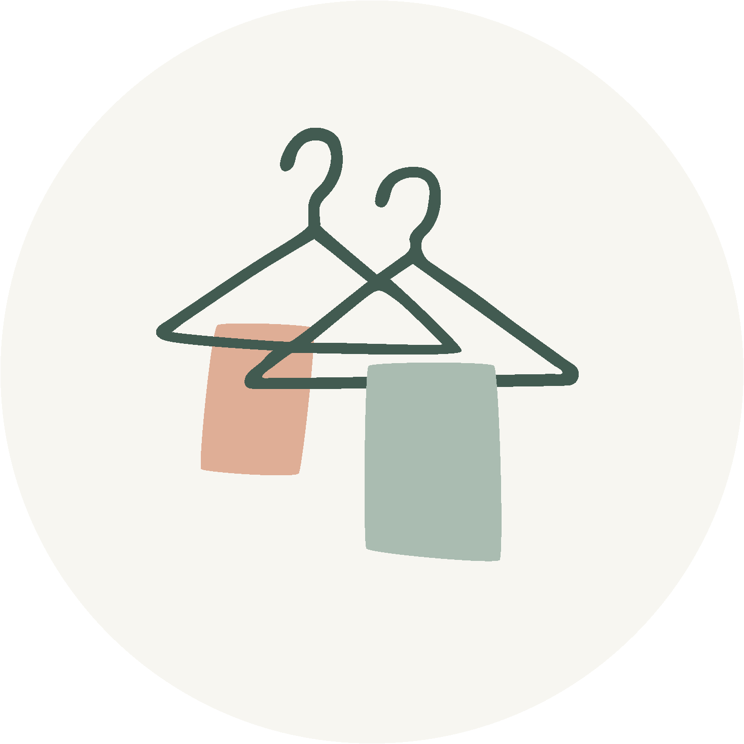 Minimalist illustration of two clothing hangers on a circular background with two fabric swatches hanging from them, one pink and one green.