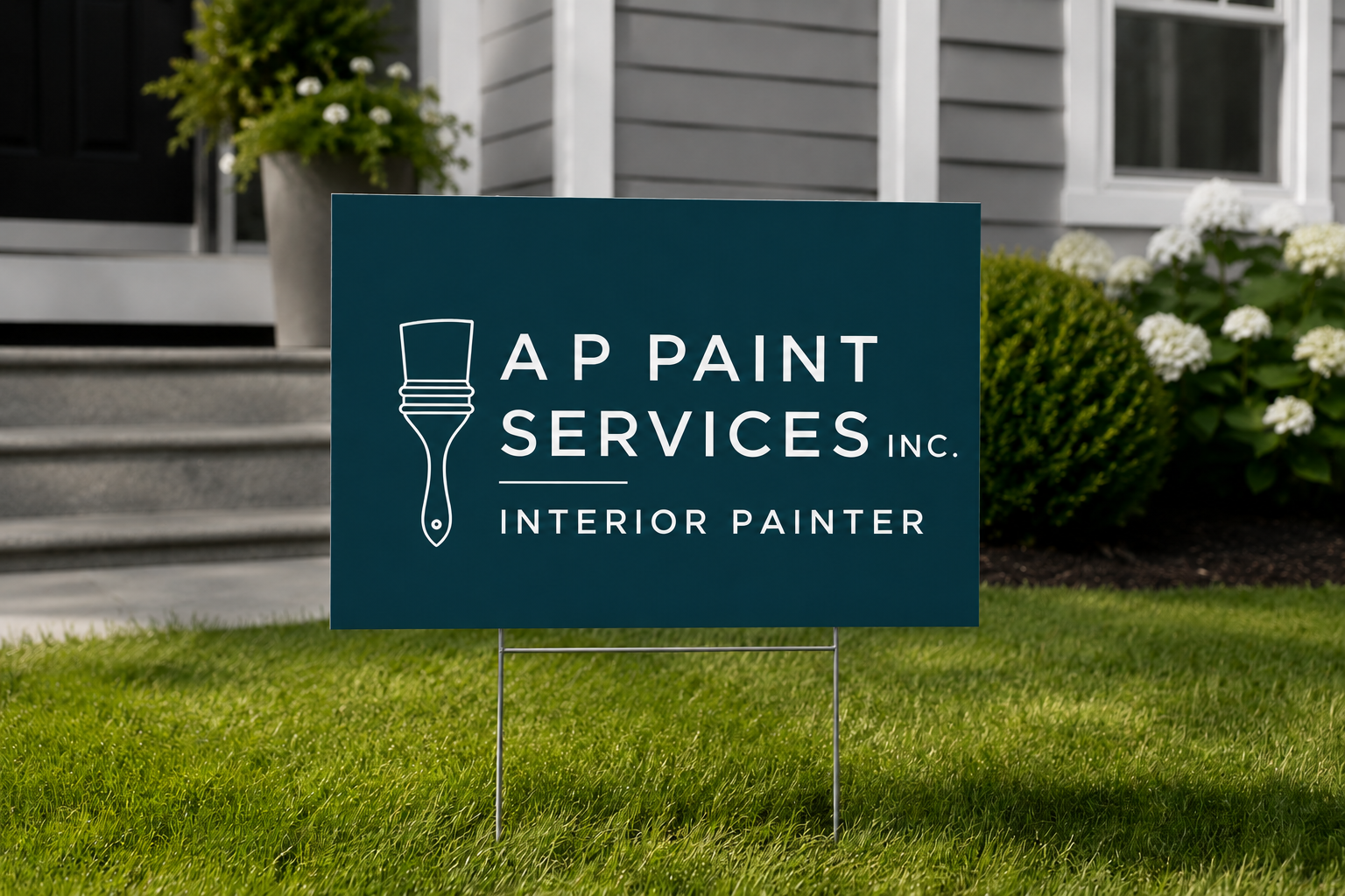 Sign for A P Paint Services Inc., an interior painter, placed on a lawn with a house, steps, potted plants, and shrubs in the background.