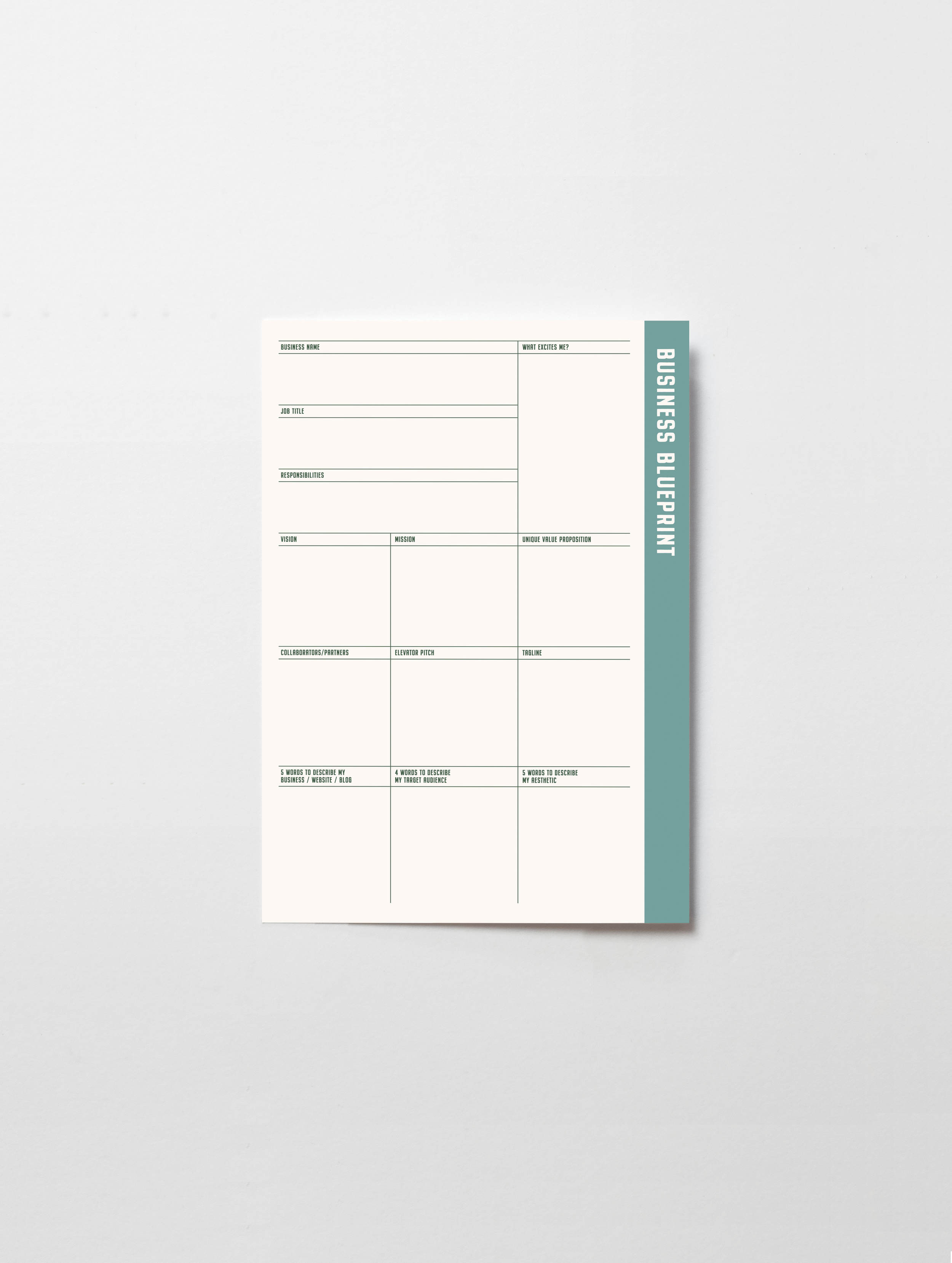 A business blueprint printed sheet on a gray background, featuring labeled sections for business details, responsibilities, vision, mission, and marketing words.