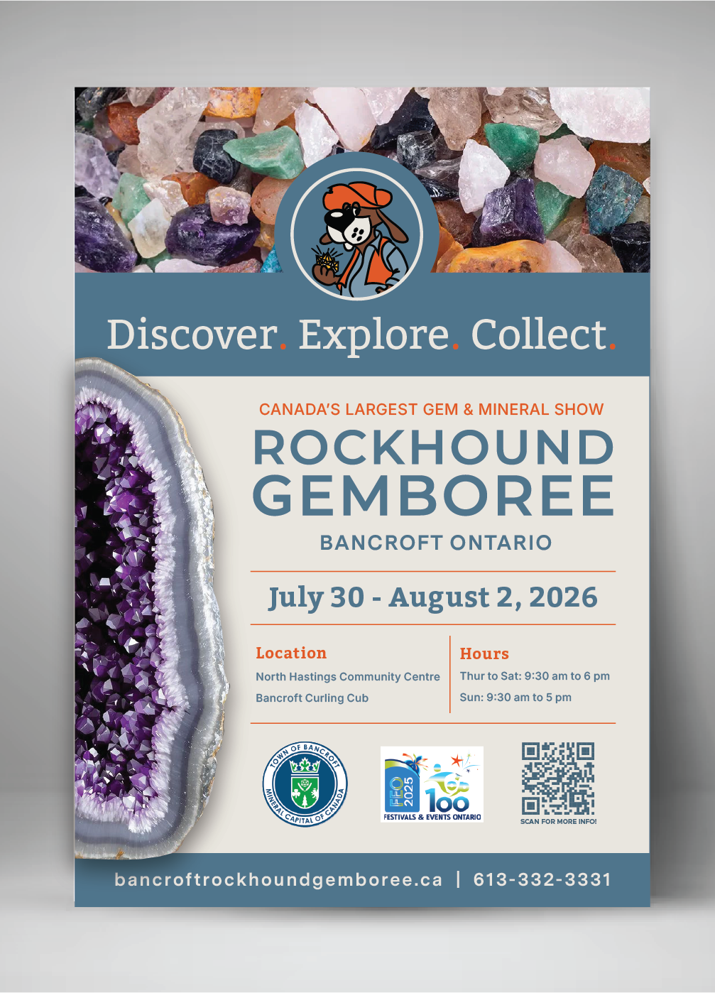 Flyer for Rockhound Gemboree event in Bancroft, Ontario, featuring colorful gemstones and crystals, with event details including dates, location, hours, and a QR code.