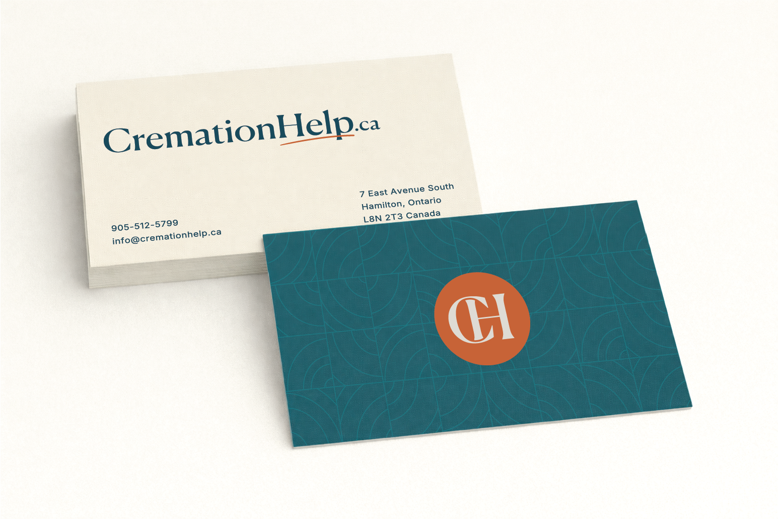 Business cards for CremationHelp.ca, displaying contact information and a logo with the initials "CH" in a circle, set against a patterned background.