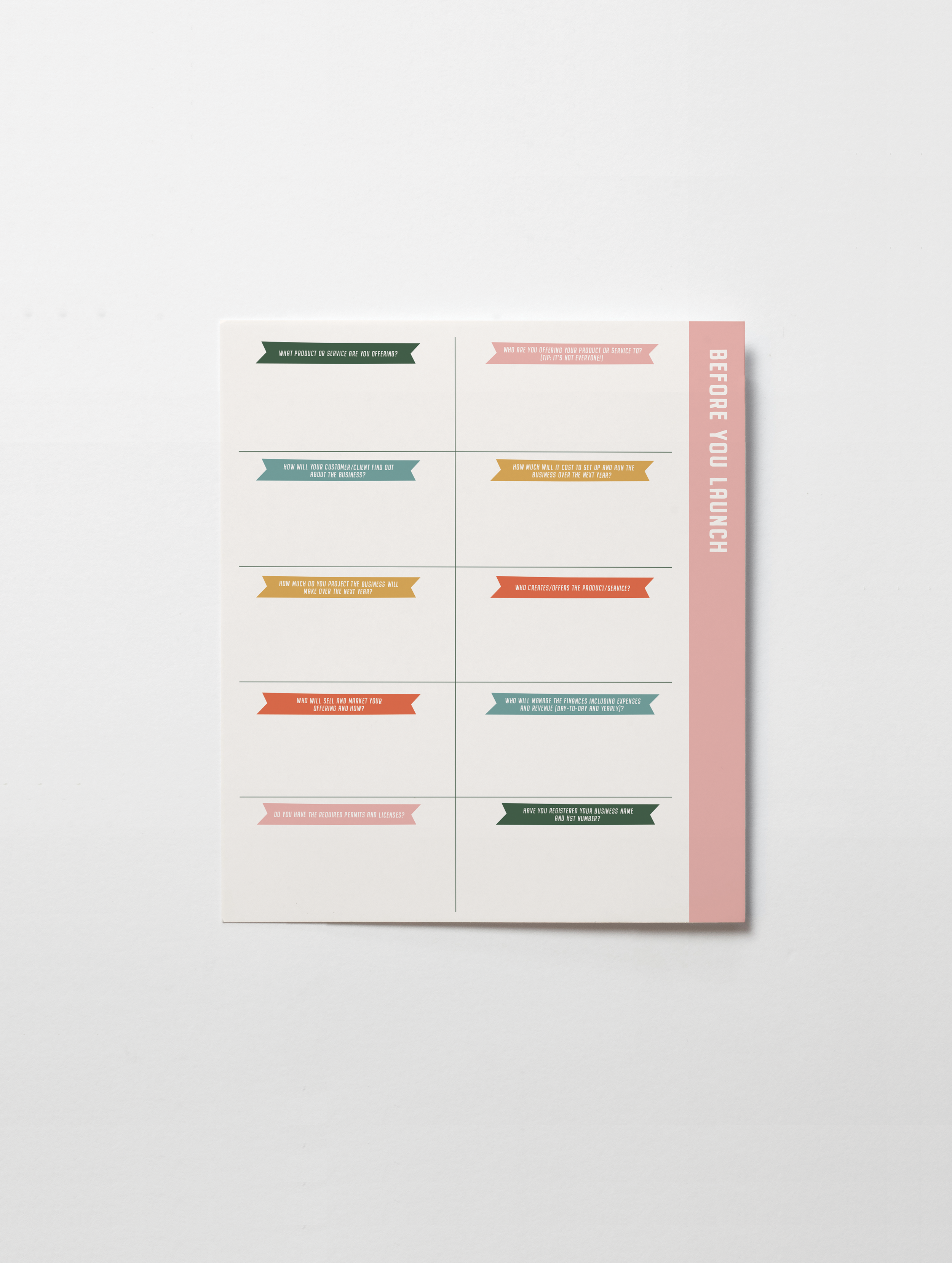 A pink paper with marketing questions on it, with a pastel pink sidebar and colored banners, placed on a white background.