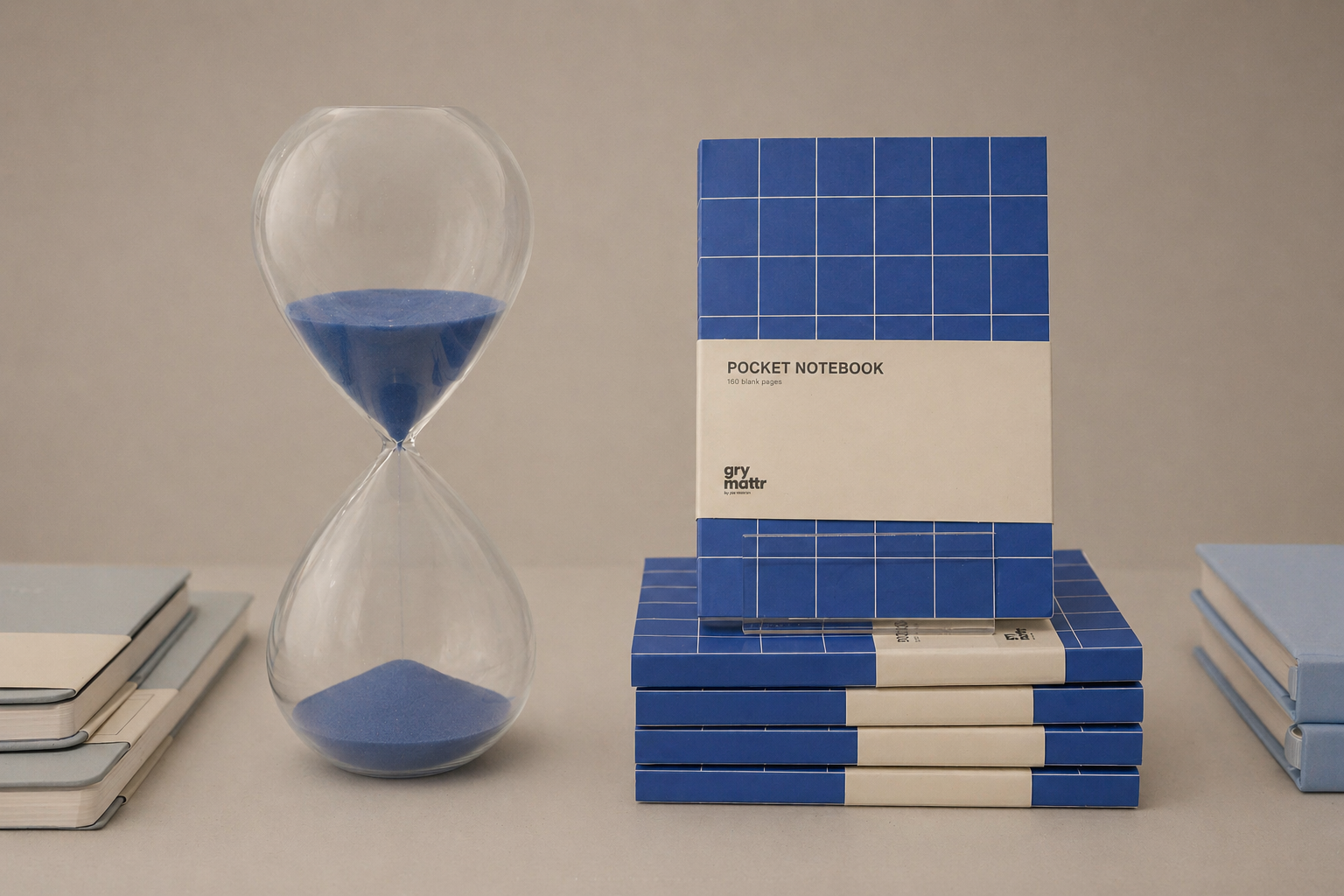 Stack of blue and white pocket notebooks labeled 'Gray Mattr' alongside an hourglass with blue sand and a pile of notebooks on each side.