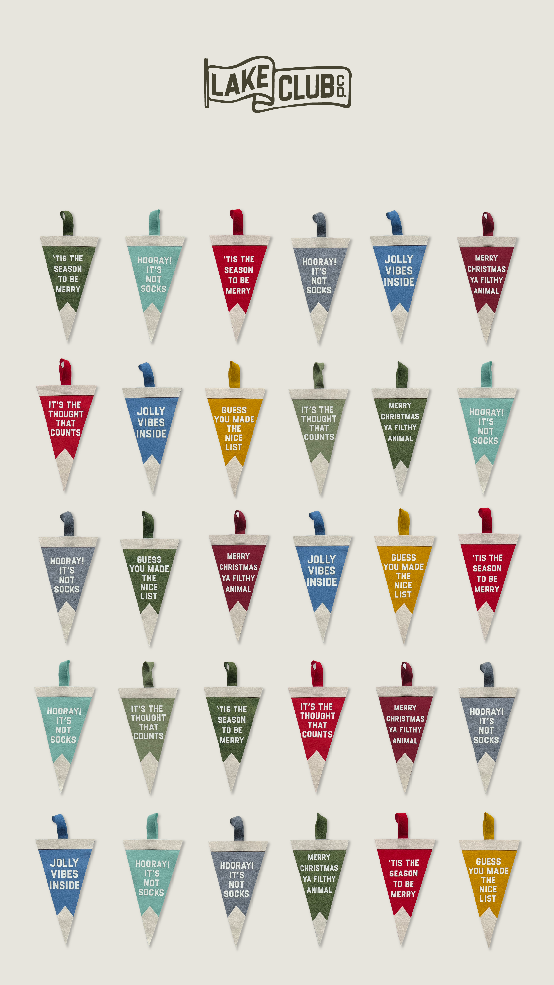 Collection of colorful Christmas-themed pennant banners with various holiday messages including '’Tis the season to be merry,' 'Hooray! It’s not socks,' 'Jolly vibes inside,' and 'Merry Christmas ya filthy animal.'