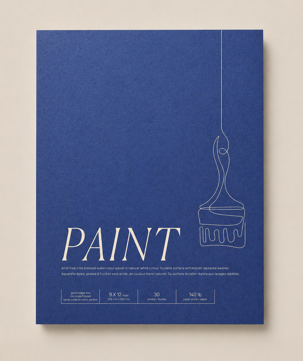 Blue watercolor paper pad with white outline drawing of a paintbrush and a paint squirt bottle, labeled "PAINT," and description of watercolour paper specifications at the bottom.
