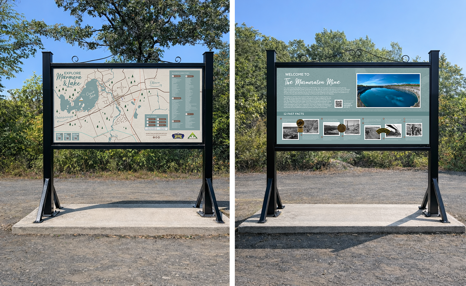 Two outdoor informational signs on black metal stands. The left sign features a map of the Mammona and Lake area with roads, trees, and water bodies, along with a list of businesses and icons for QR codes. The right sign welcomes visitors to The Marmora Mine, with a large photo of a lake, a brief history, 12 fast facts, and smaller historical photos with descriptions, all set against a clear, sunny sky and greenery background.