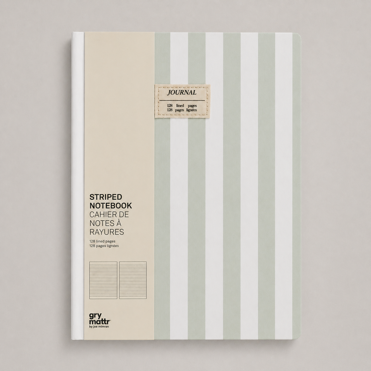 A striped notebook with a beige and white cover design, labeled as a journal with 128 lined pages, featuring vertical light green and white stripes.