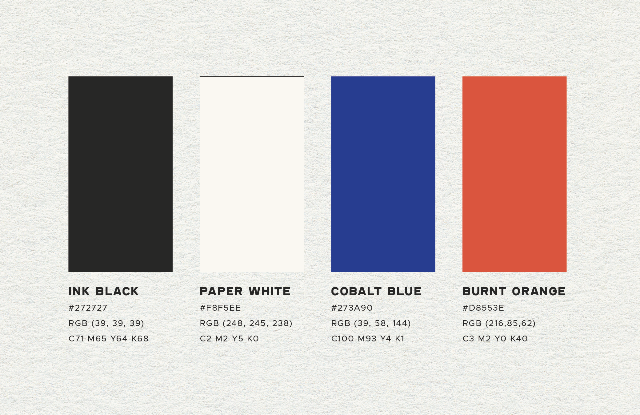 A color chart showing four colors: Ink Black, Paper White, Cobalt Blue, and Burnt Orange, with their respective hex codes and RGB values.