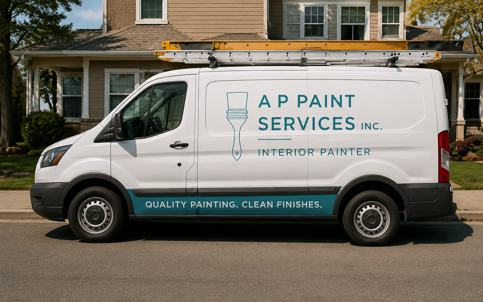 A white service van parked on the street in front of a house. The van belongs to A P Paint Services Inc. and features a logo of a paintbrush along with text that reads 'Interior Painter' and 'Quality Painting. Clean Finishes.'