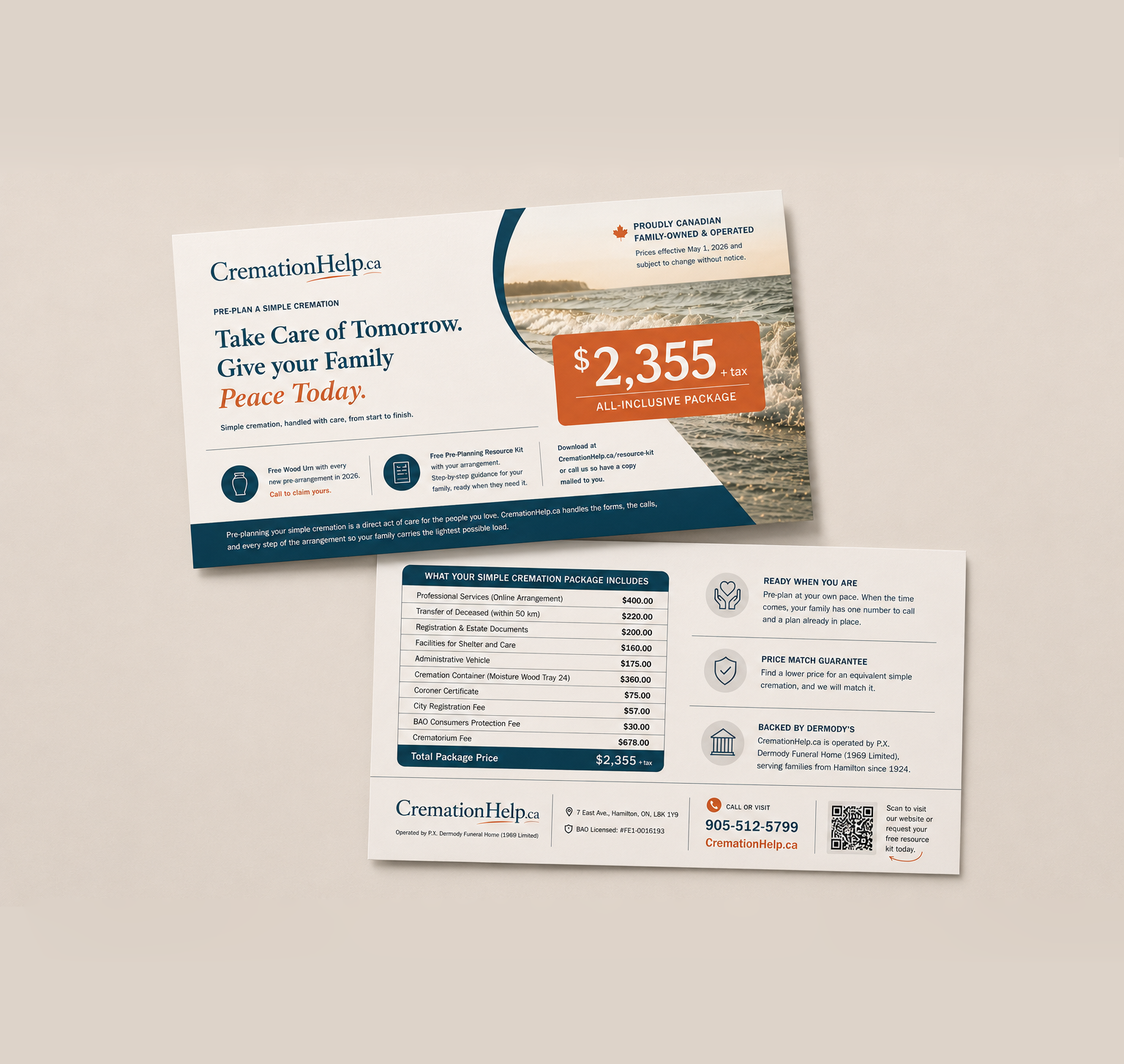 Flyer for CremationHelp.ca advertising pre-planned cremation services with pricing, details, and contact information.