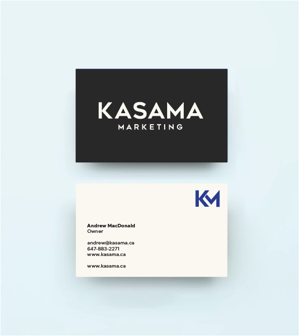 Business card with Kasama Marketing logo on a black background and contact information for Andrew MacDonald on a white background.