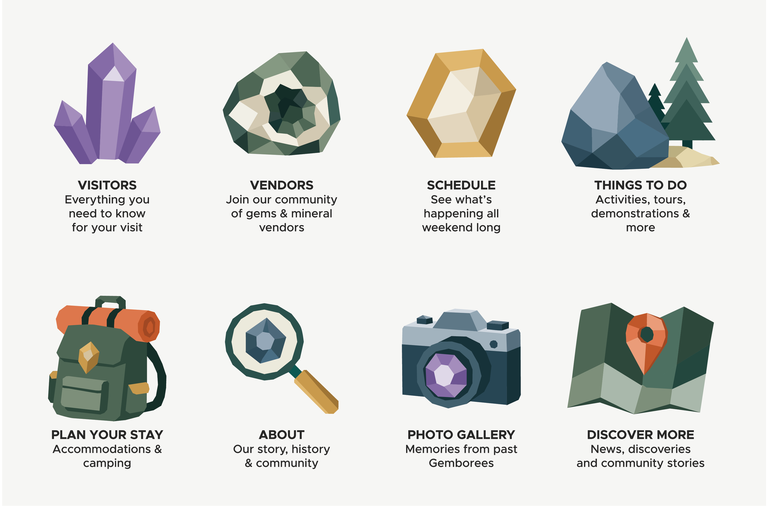 Icons representing sections of a tourism or community website, including crystals, a gemstone, and nature elements with descriptions for visitors, vendors, schedule, activities, travel planning, about, photo gallery, and more.