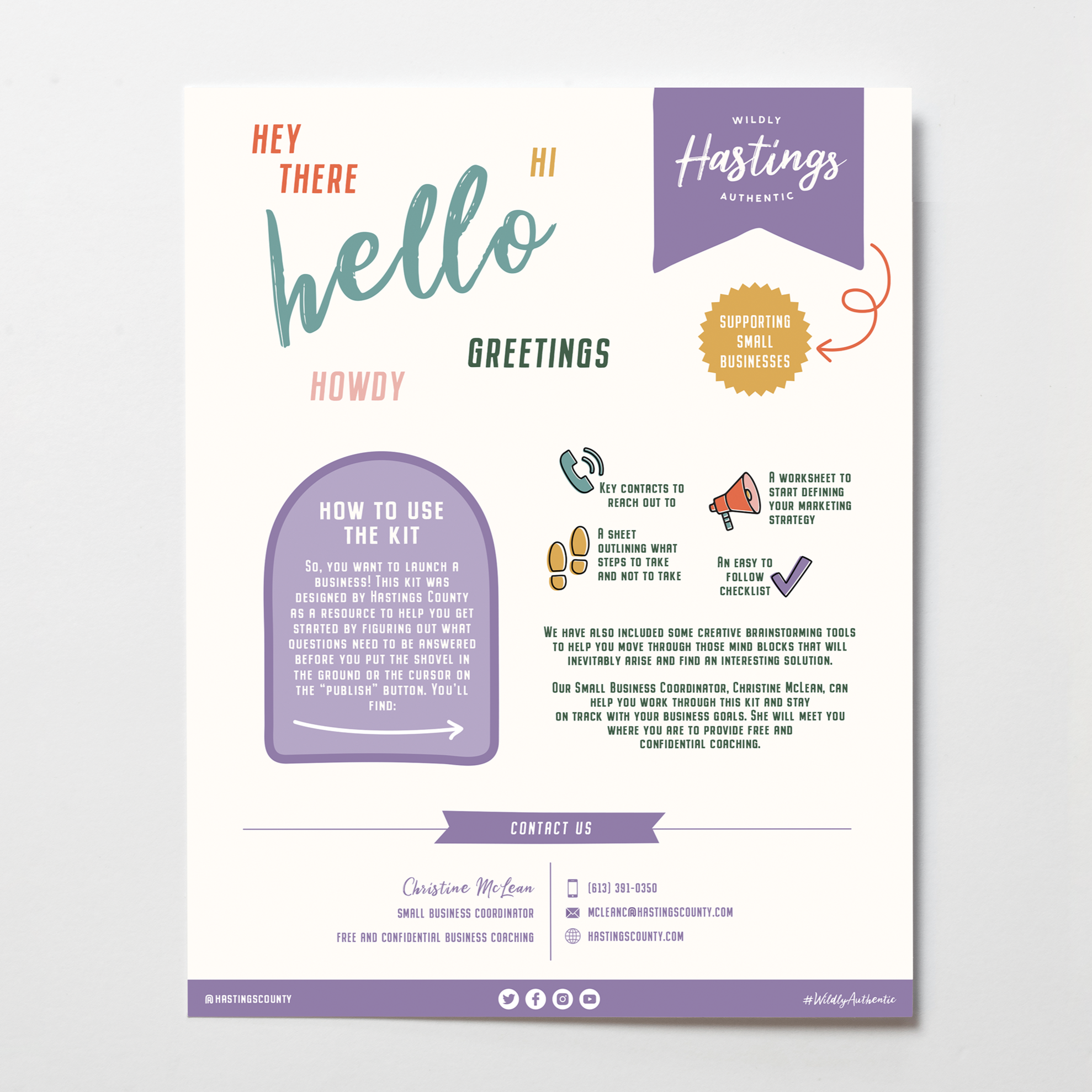 A business flyer with colorful text and graphics promoting a small business coaching service by Christine McLean. The flyer includes contact information, social media icons, and a message encouraging entrepreneurs to move through their business goals.