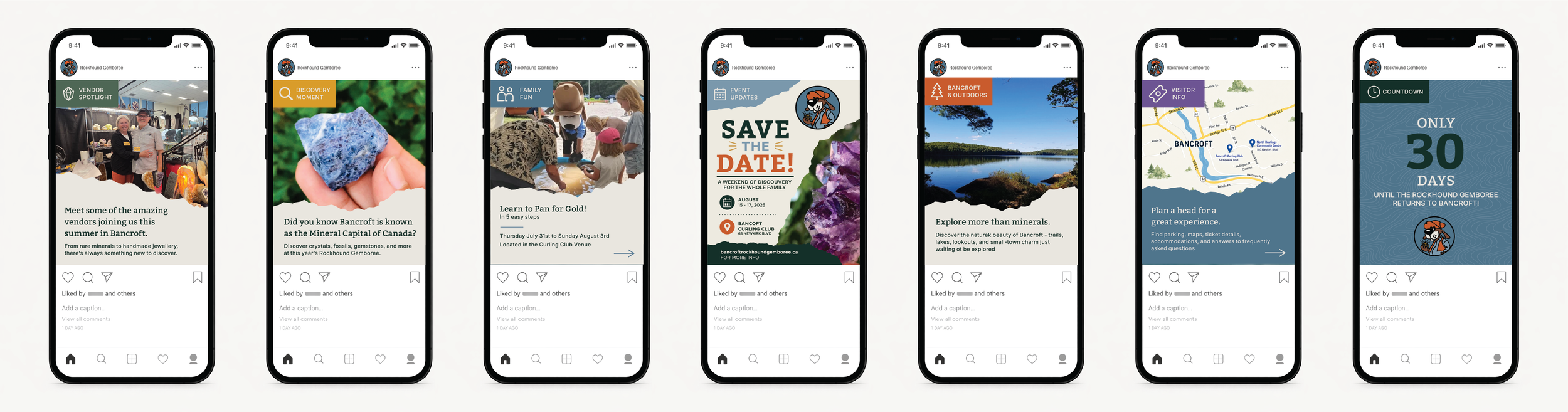Six smartphone screens displaying social media posts about Rockhound Gemboree, a mineral and gemstone event, with topics including vendor highlights, mineral facts, family activities, event updates, outdoor explorations, a countdown to the event, and planning details.