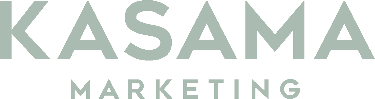 Text logo with the words 'KASAMA MARKETING' in large, bold, light green letters against a black background.