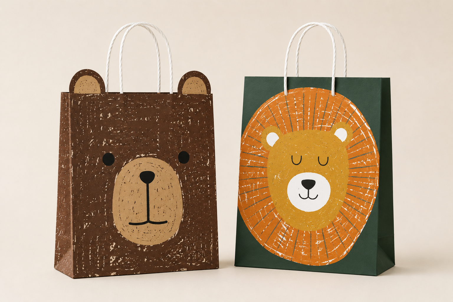 Two paper gift bags featuring animal face designs, one with a bear and the other with a lion.