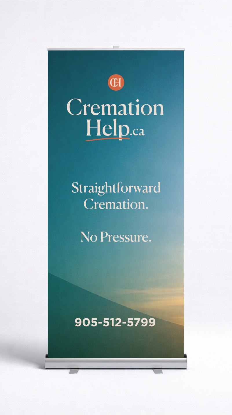 A vertical banner for Cremation Help.ca with a gradient blue background, white text saying "Straightforward Cremation. No Pressure." and a phone number, 905-512-5799, at the bottom.