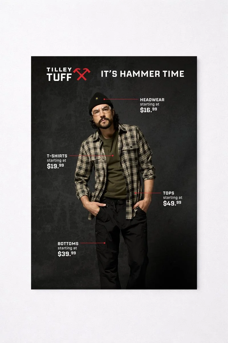 A fashion catalog poster from Tilley Tuff promoting outdoor wear. It features a man dressed in a beanie, glasses, a plaid jacket, and cargo pants. Text shows prices for headwear starting at $16.99, T-shirts at $19.99, tops at $49.99, and bottoms at $39.99.