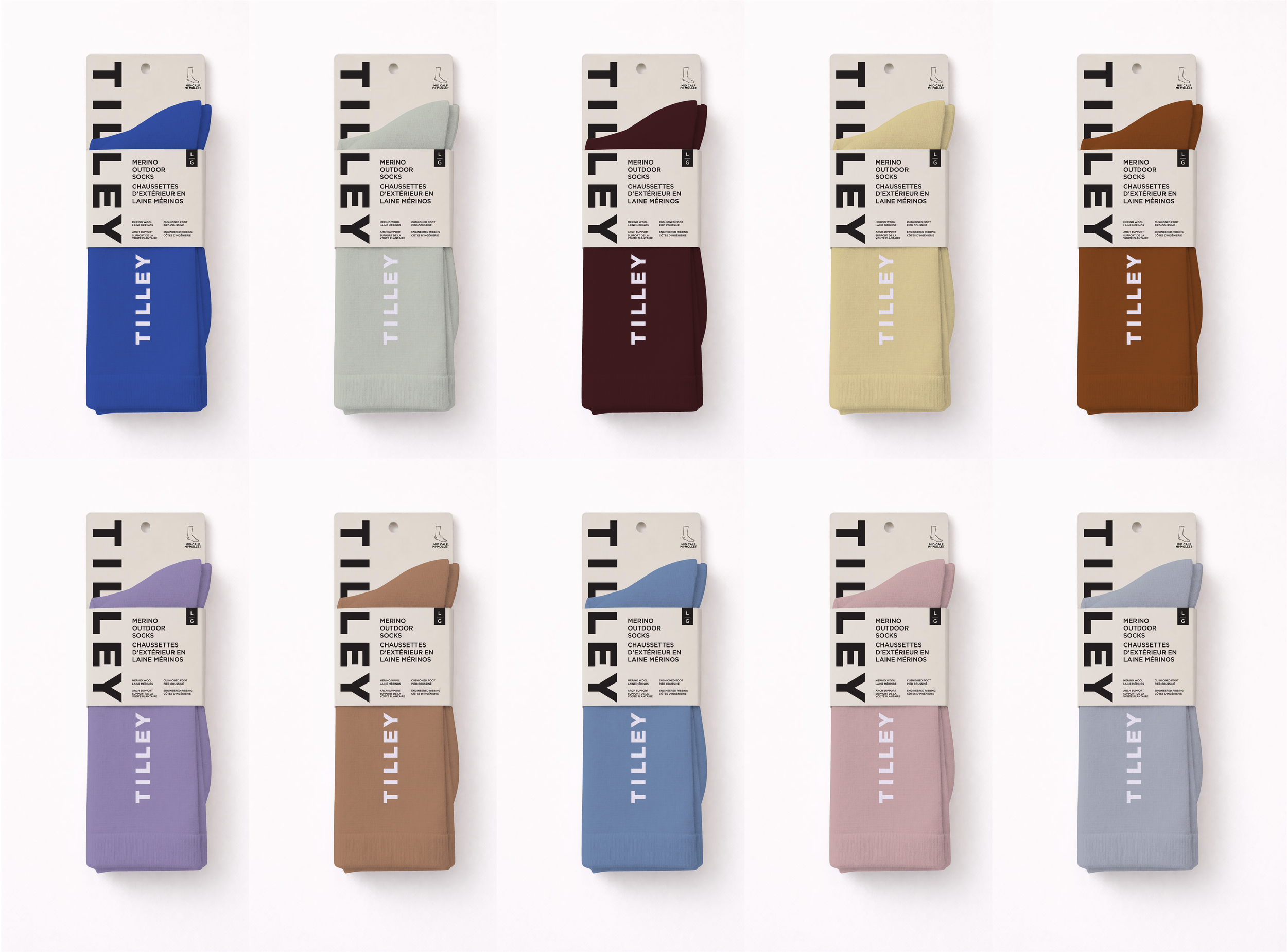 Packaged outdoor socks in various colors including blue, light gray, maroon, yellow, brown, lavender, tan, pink, and light blue, arranged in two rows on a white background.