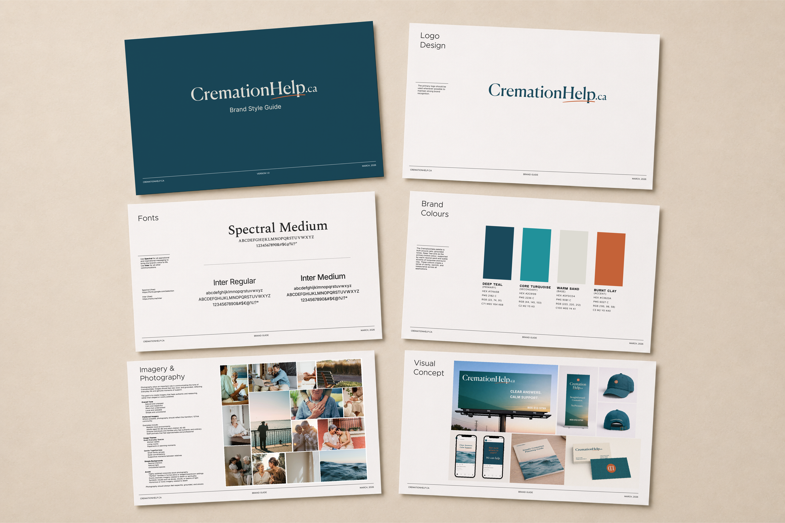 Printed branding and marketing materials, including brand style guide, color palette, fonts, imagery, and digital graphics, displayed on a light surface.