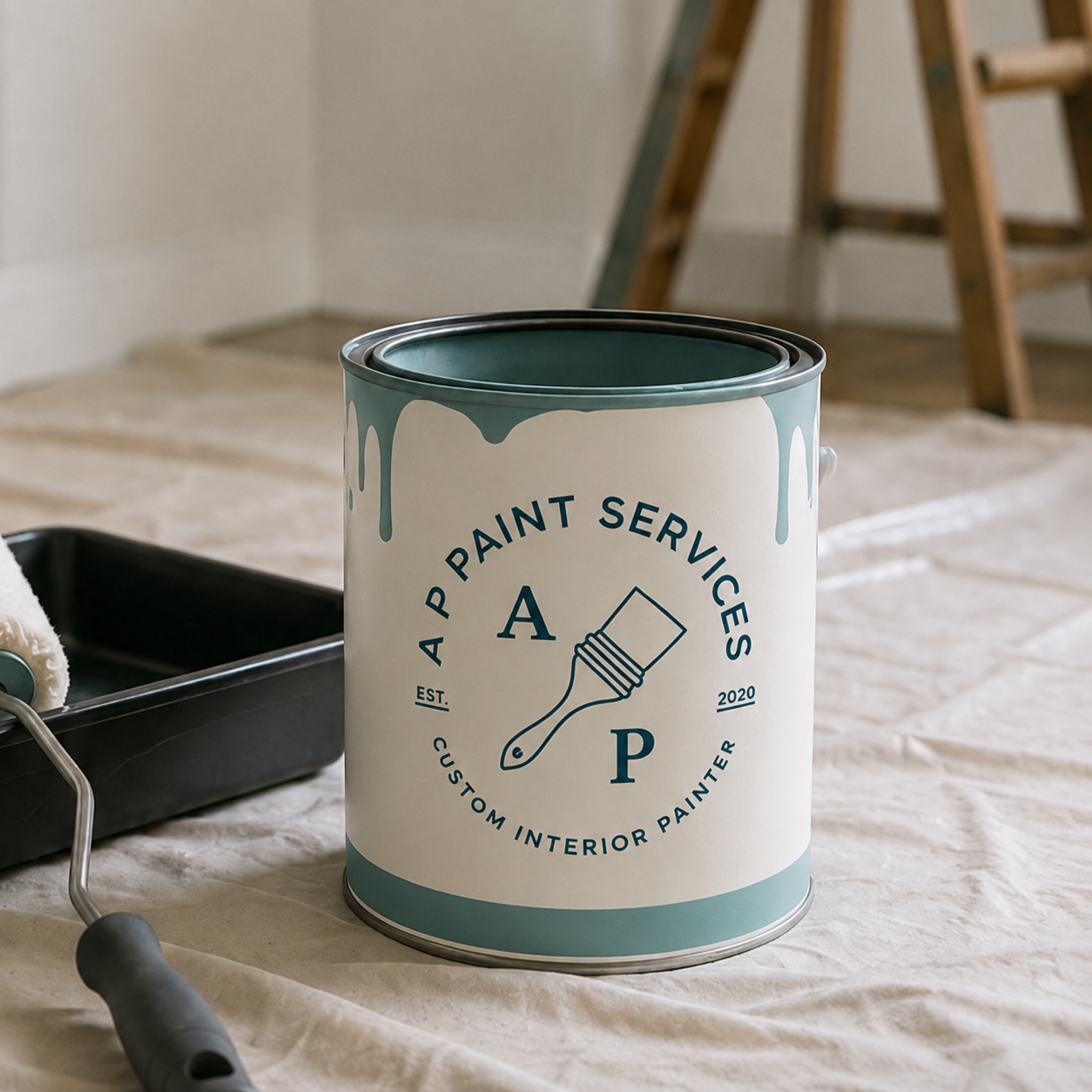 A large can of paint with a logo reading "A P Paint Services, Custom Interior Painter, Est. 2020" on a beige sheet covering the floor, with a paint roller tray and brush nearby, in a room under renovation.