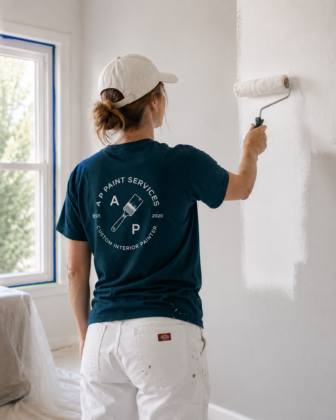 Woman painting a white wall with a roller brush inside a room during daylight.