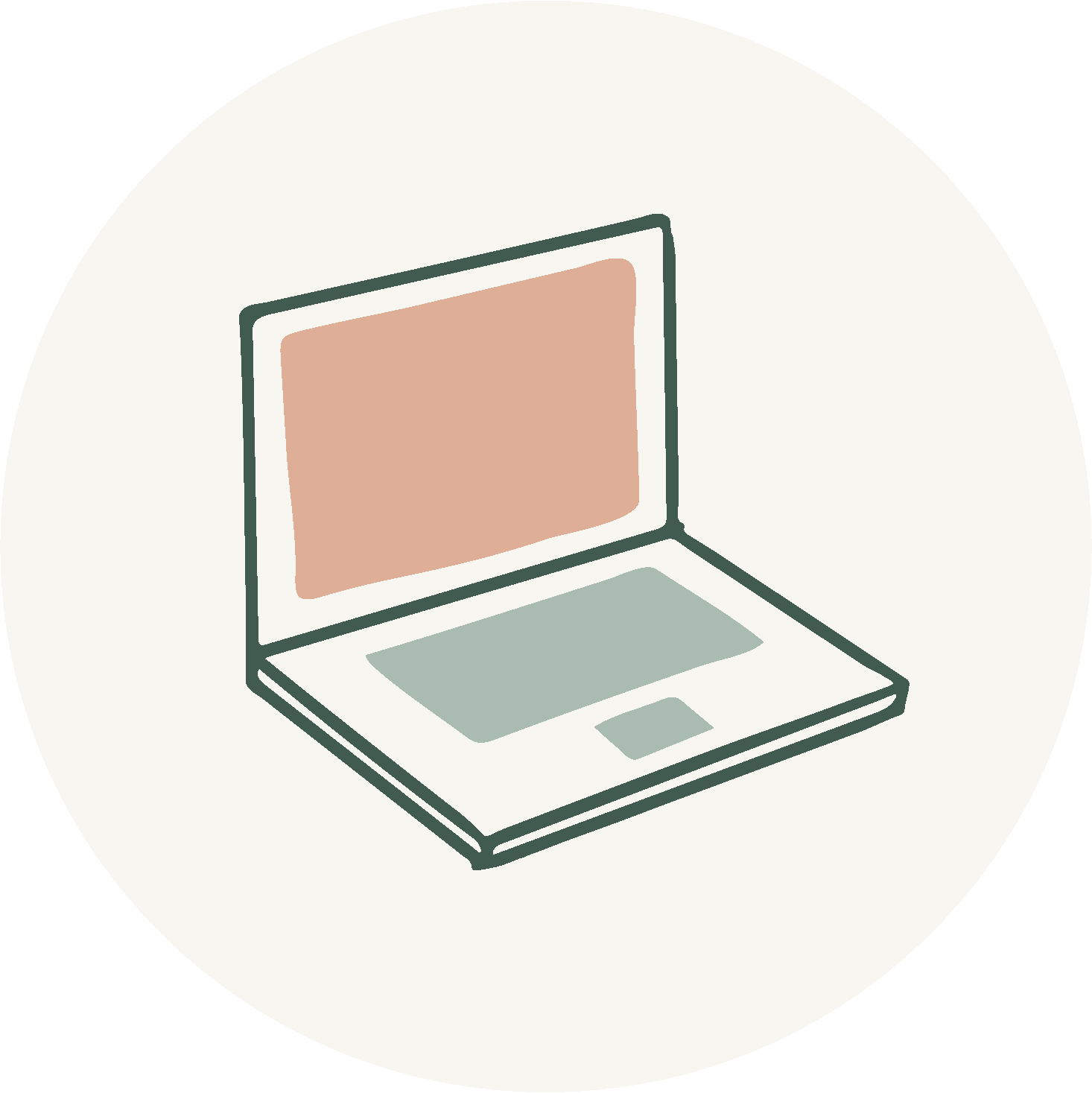 Illustration of a laptop with an open screen and a trackpad, drawn in pastel colors.