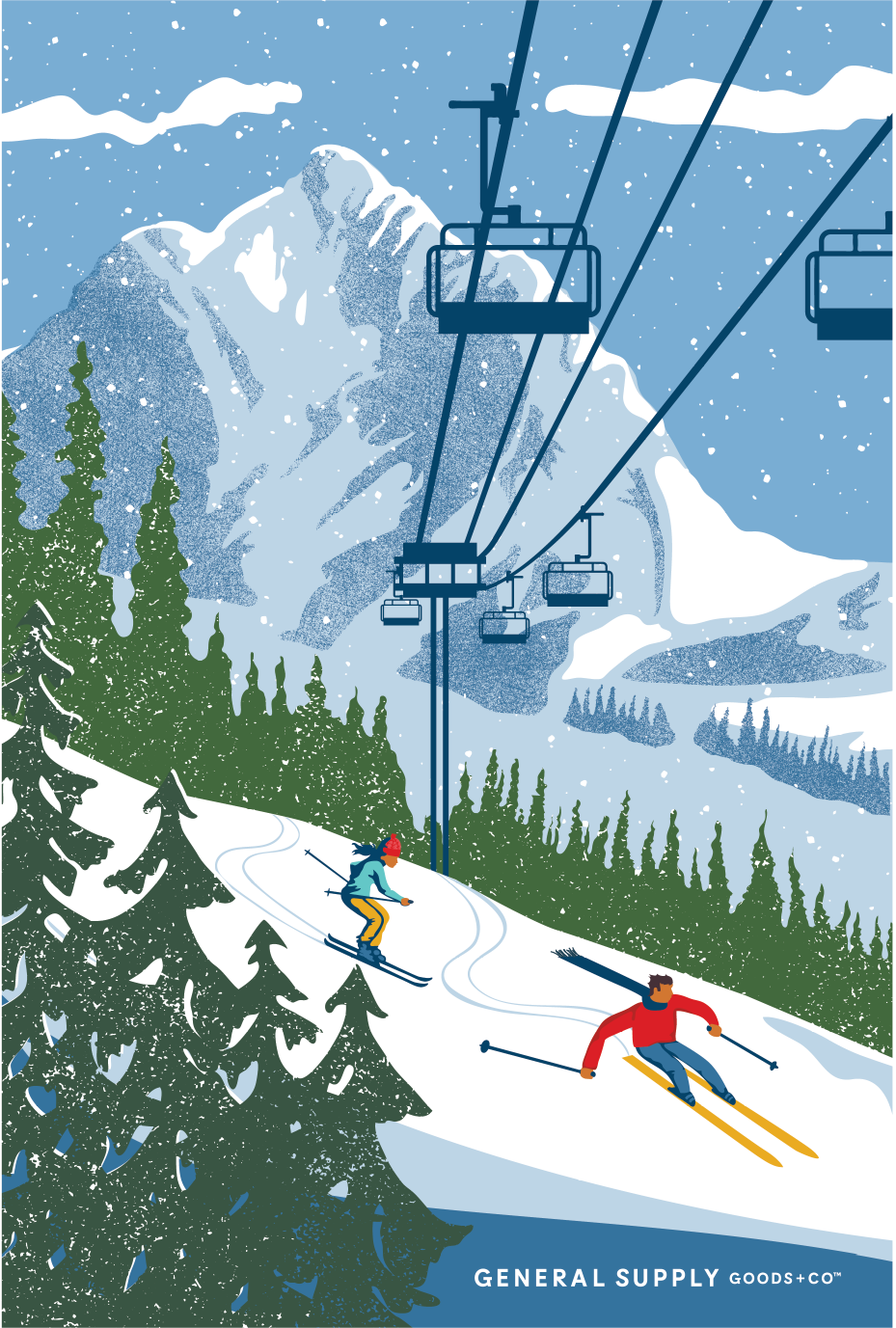Two skiers, one in a blue jacket and yellow pants, and the other in a red jacket and dark pants, skiing down a snowy slope with pine trees, a snow-covered mountain, a chair lift, and falling snow in the background.