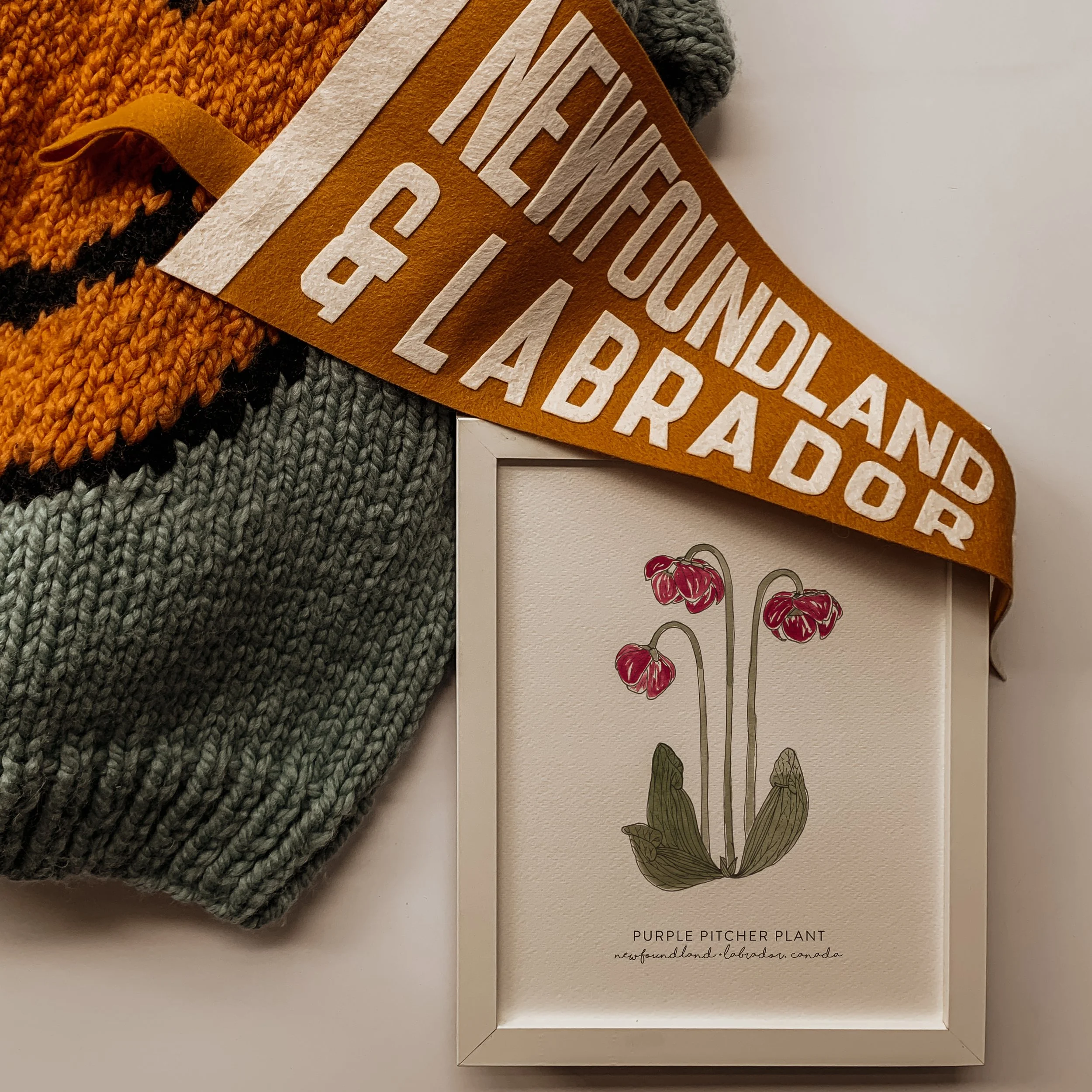 Close-up of a knitted fabric in orange, black, and gray colors alongside a fabric tag with embossed lettering. In the background, a page from a botanical or plant guide shows a drawing of a purple pitcher plant, labeled "Purple Pitcher Plant," with t