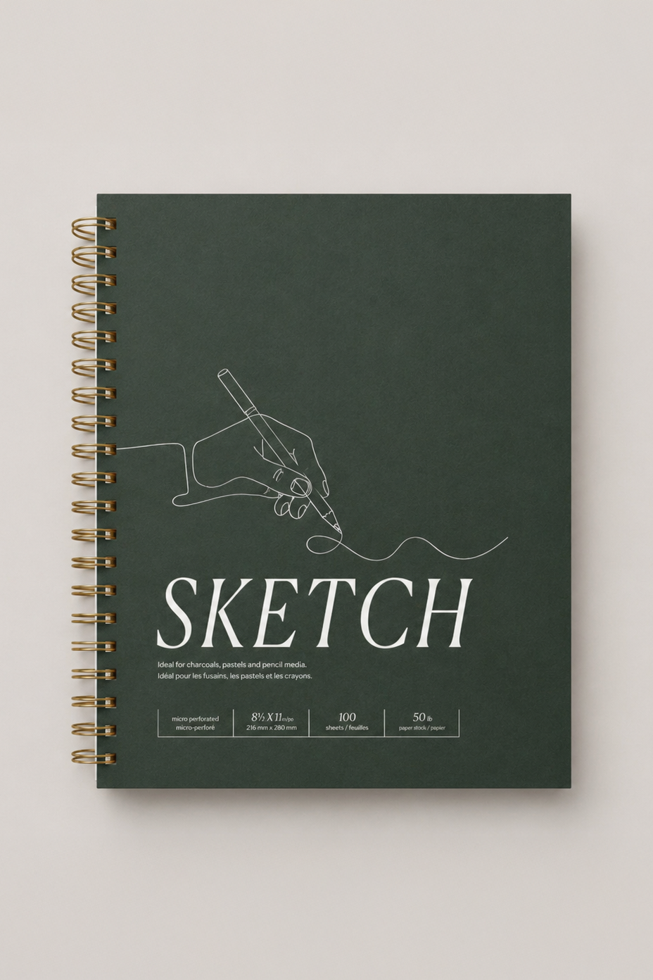 A dark green sketchbook with a line drawing of a hand holding a pen, accompanied by the word "SKETCH" in large letters, on a light background.