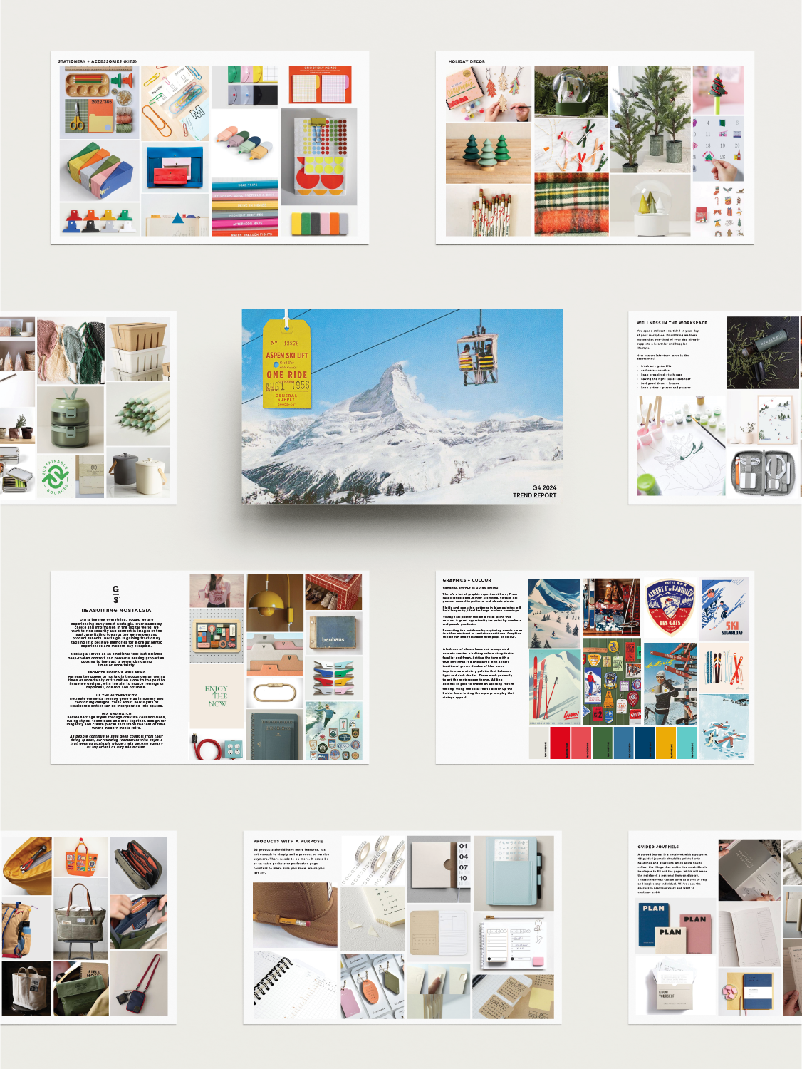 Collage of holiday decorations, DIY crafts, and Christmas trees, along with a mountain scene with a ski lift, notebooks, stationery, and various office supplies.