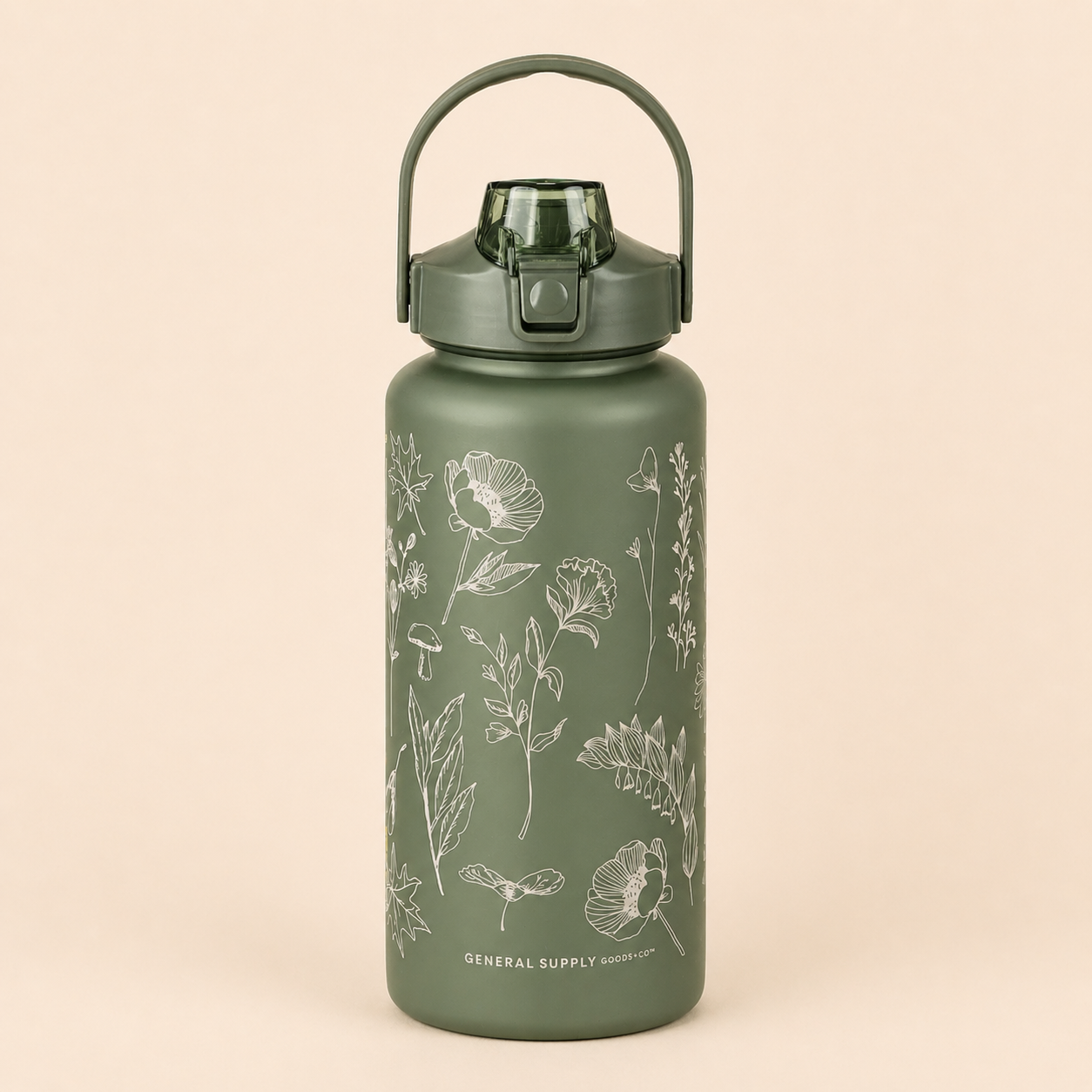 Green water bottle with white floral outline design and a handle against a plain background.