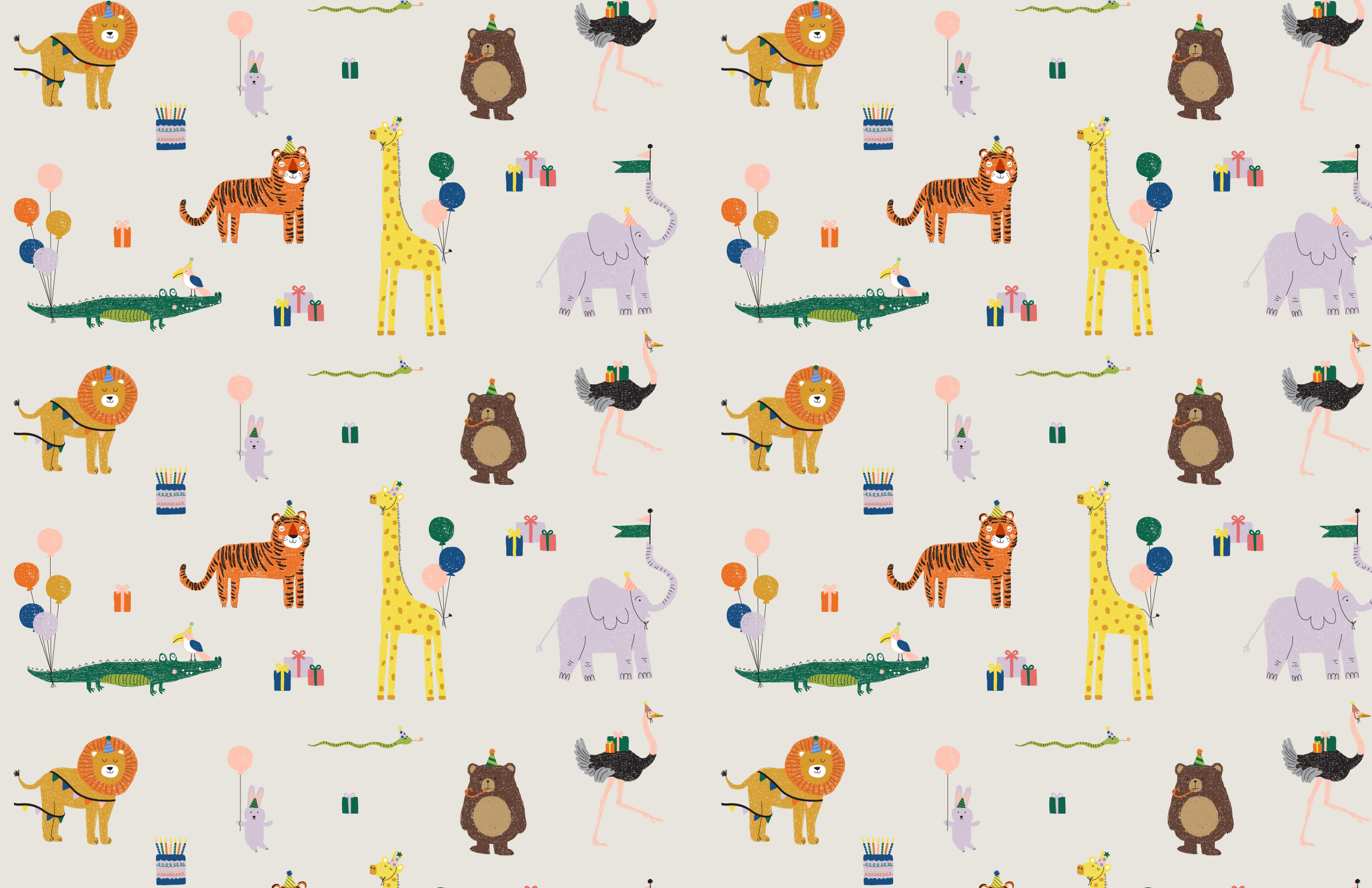 Pattern of illustrated animals celebrating a birthday, including lions, bears, giraffes, elephants, crocodiles, storks, snakes, bunny rabbits, balloons, presents, a birthday cake, and party hats.